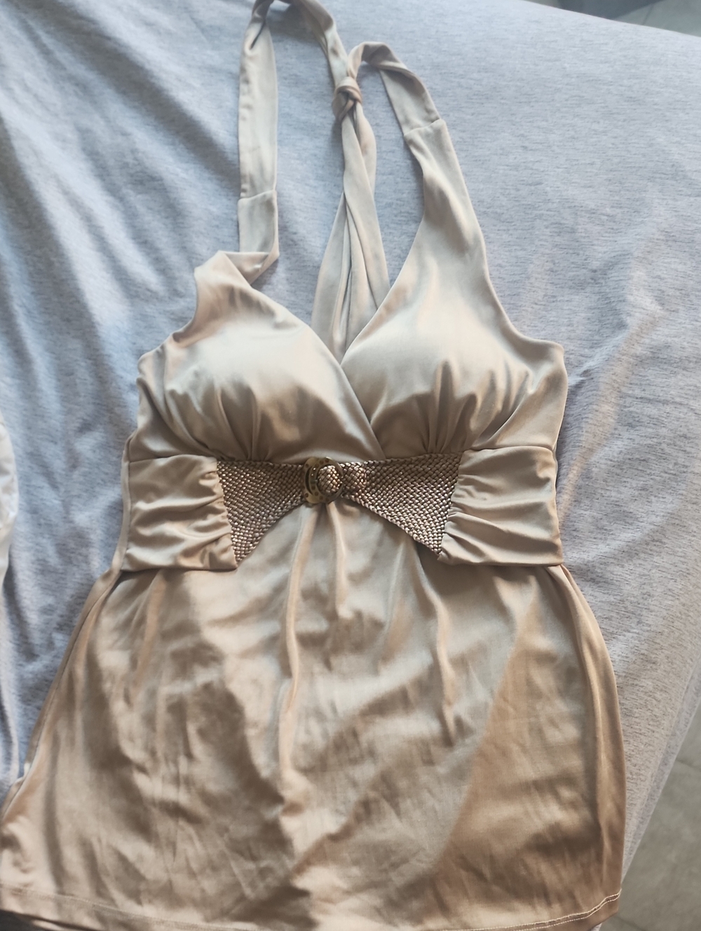 Beige/ Gold Halter Top with Decorative Buckle